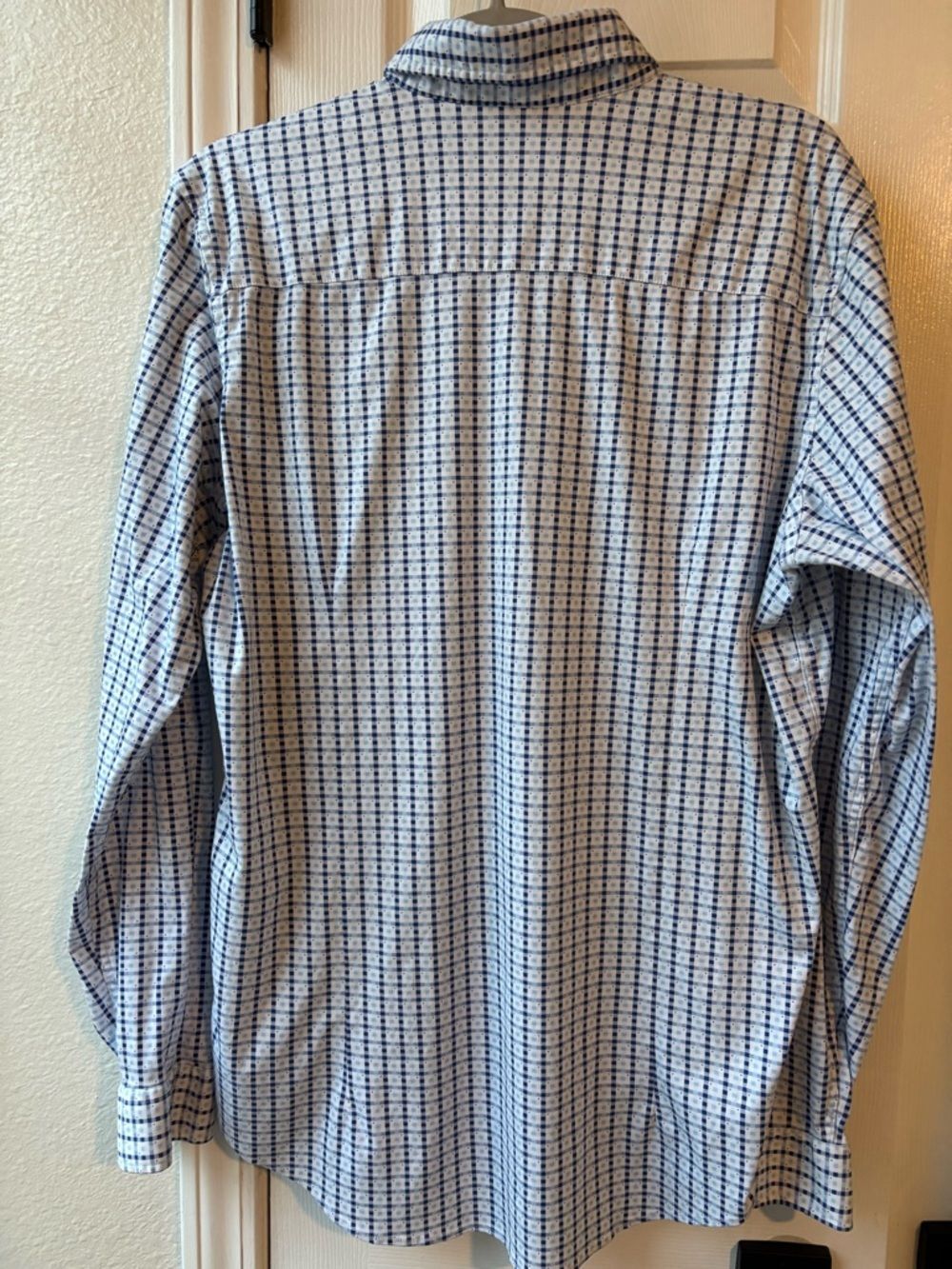 Large Tall Fit Buttercloth Blue White Checked Long Sleeve Button Up Shirt - Picture 8 of 13